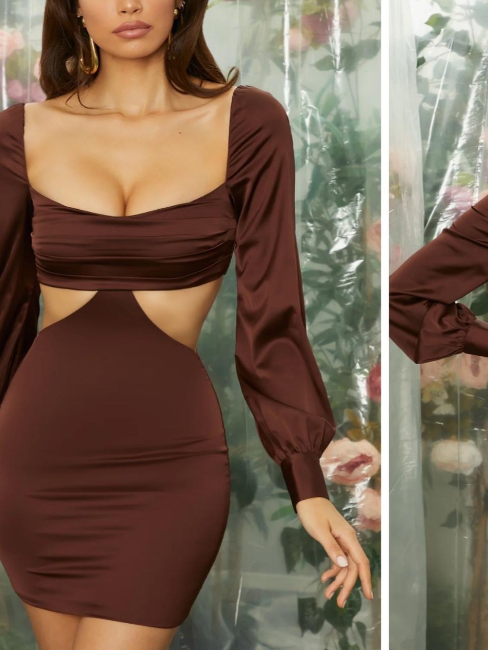 Oh Polly Chocolate Brown Cutout Satin Mini Dress